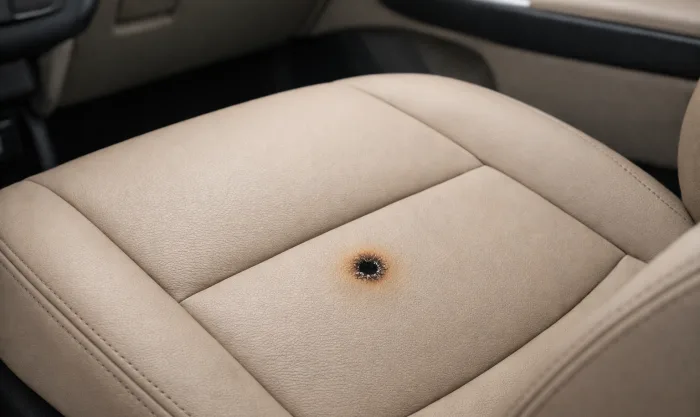 Before Cigarette Burn Repair on Leather Car Seat in Los Angeles