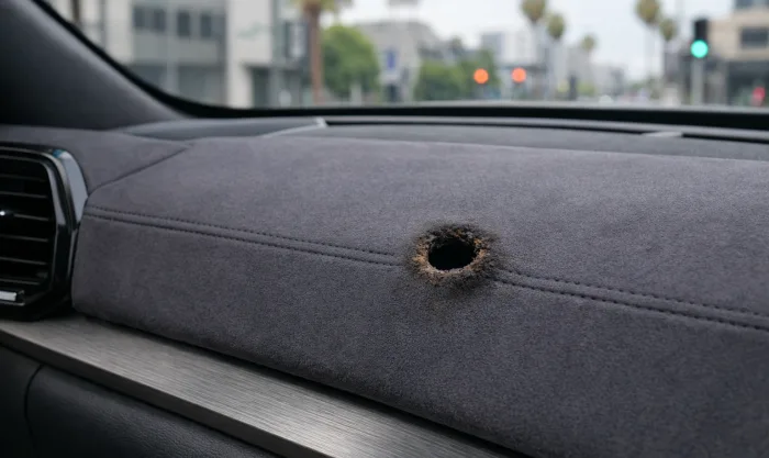 Before Hookah Coal Burn on Alcantara Dashboard Panel in Los Angeles