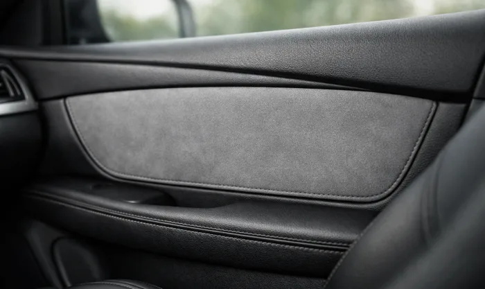 After Partial Door Panel Reupholstery with Alcantara Inserts on Black With Gray Alcantara Inserts Alcantara Door Panel Inserts in Los Angeles