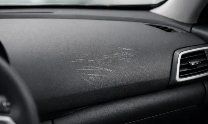 Before Plastic Dashboard Scratch Restoration on Charcoal Gray Soft-Touch Dashboard Plastic in Los Angeles