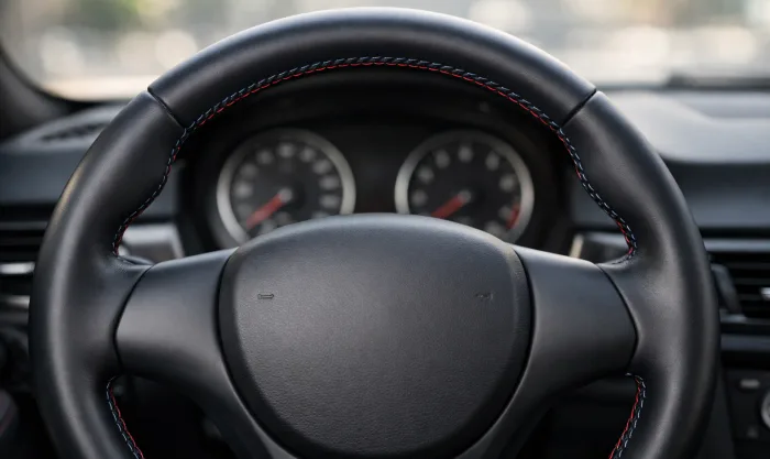 After Steering Wheel Color Restoration After Grip Wear on Black Leather Steering Wheel With Colored Stitching in Los Angeles