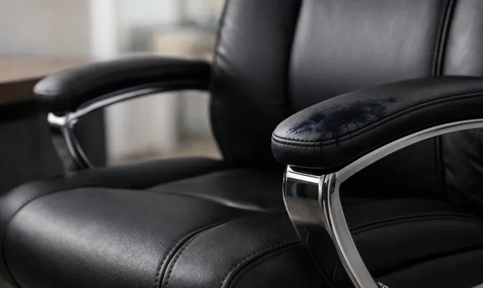 Before Ink Stain Removal from Office Chair on Black Bonded Leather Armrest And Seat in Los Angeles