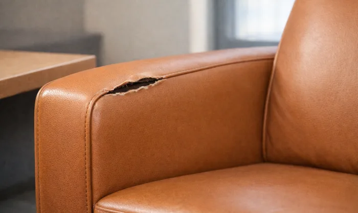 Before Conference Room Chair Tear Repair After Transport Damage for Caramel Semi-Aniline Leather Conference Room Armchair in Los Angeles