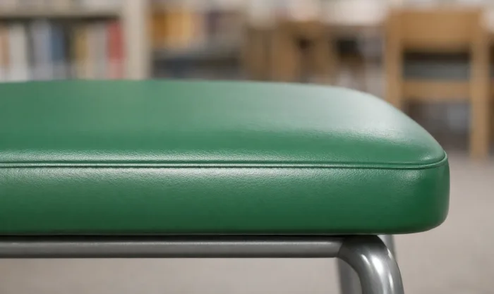 After Student Chair Restoration in a School Library for Green Vinyl Upholstered Student Seating in Los Angeles