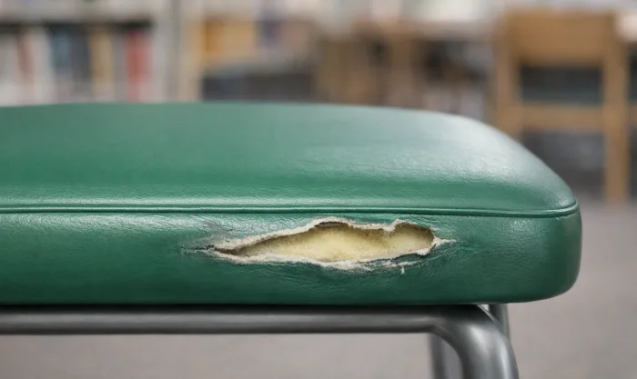 Before Student Chair Restoration in a School Library for Green Vinyl Upholstered Student Seating in Los Angeles