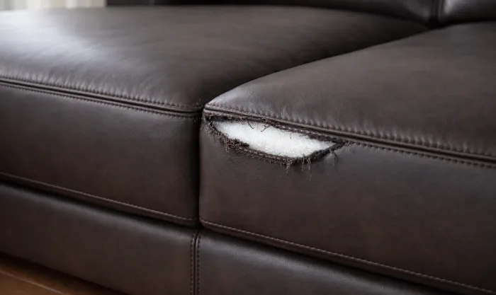 Before Seam Tear Repair on Dark Brown Pigmented Leather Sectional in Los Angeles