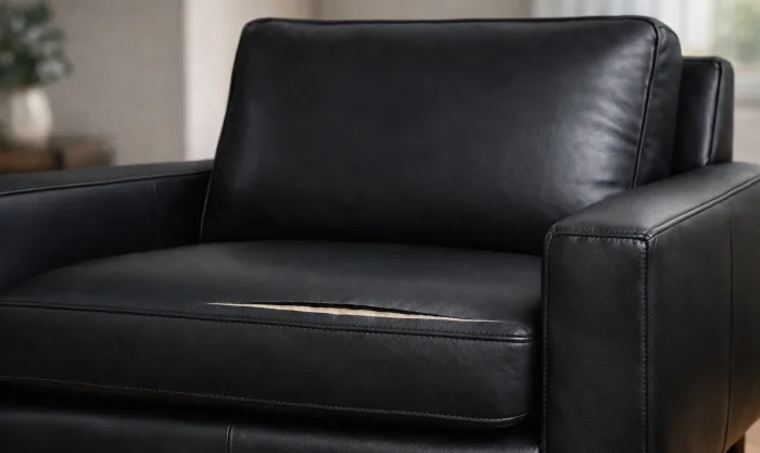 Before Cushion Cut Repair on Black Pigmented Leather Accent Chair in Los Angeles