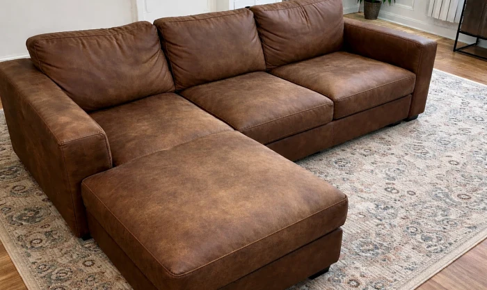 Before Scratch & Finish Recovery on Brown Nubuck Leather Sectional in Los Angeles
